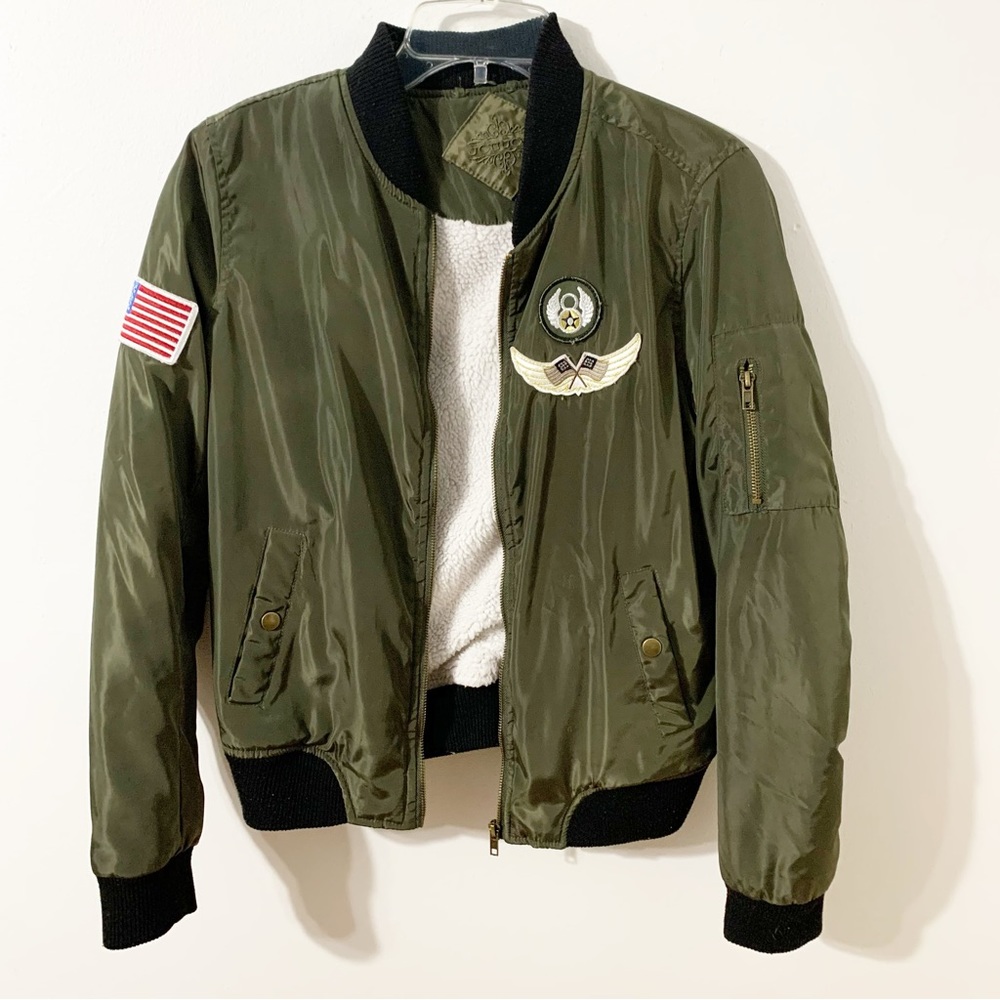 Jou Jou Military Like Aviator Front Zip Bomber Jacket Faux Sherpa Lining Patches